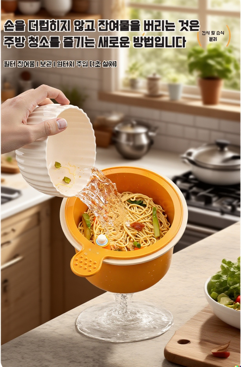 싱크대에 걸린 물빠짐 바구니 모습