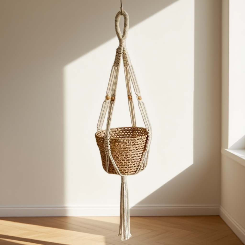 手織り植木鉢メッシュポケット コットンロープハンギングバスケットウォールデコレーションハンギング フラワーポット・メッシュポケット