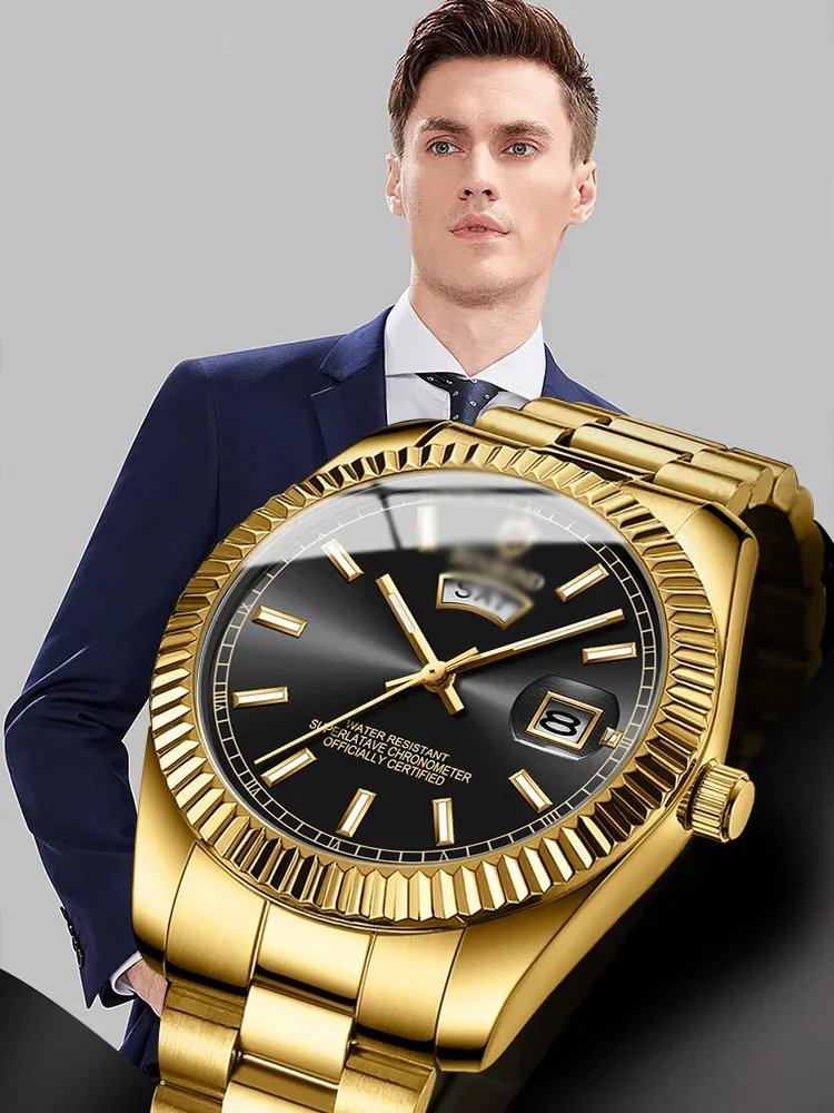 Reloj clásico con correa de acero resistente al agua y doble fecha para hombre