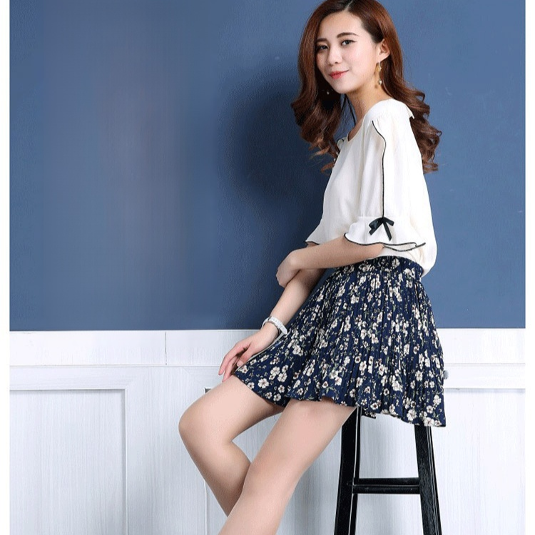 【プリーツスカート】2点目無料　小花柄　シフォン Aライン　ウエストゴム　　