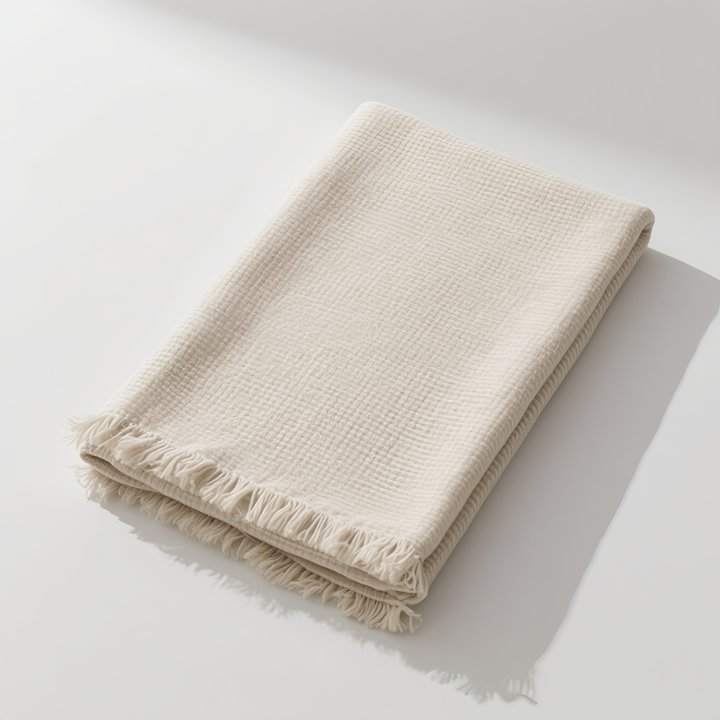 Krémově barevný chenille přehoz na pohovku v moderním ins stylu