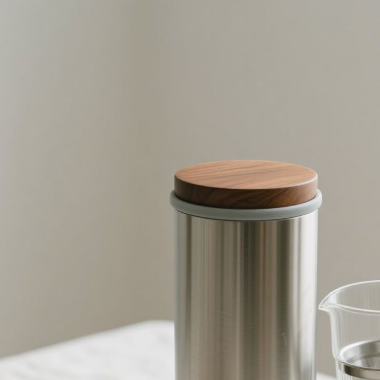 Odšťavňovač se stříbrným tělem a víkem z přírodního dřeva