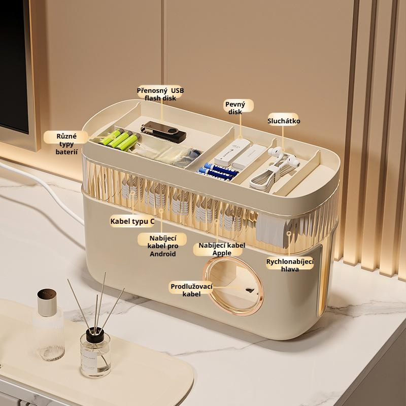 Stolní úložný box na kabely a mobilní nabíječky