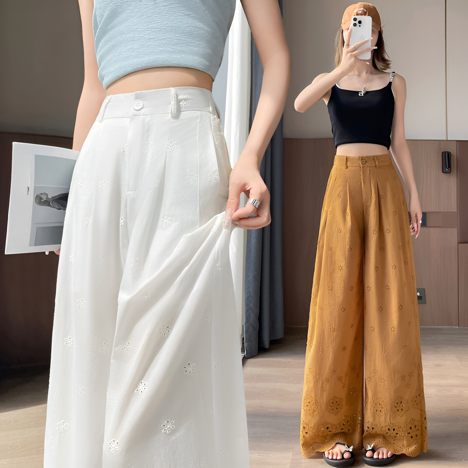 ハイウエストデザインのフックフラワーワイドレッグパンツ