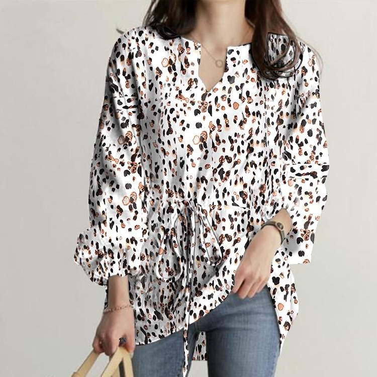 ヨーロッパとアメリカのゆったりとした豹柄プリントシャツ長袖トップス秋の女性用Vネックカジュアルフルスリーブシャツ