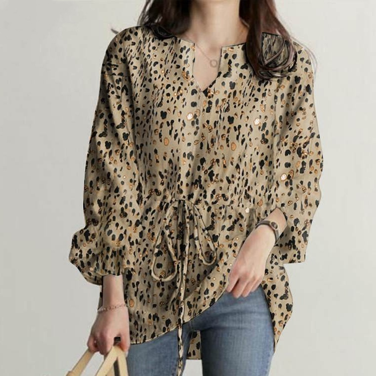 ヨーロッパとアメリカのゆったりとした豹柄プリントシャツ長袖トップス秋の女性用Vネックカジュアルフルスリーブシャツ