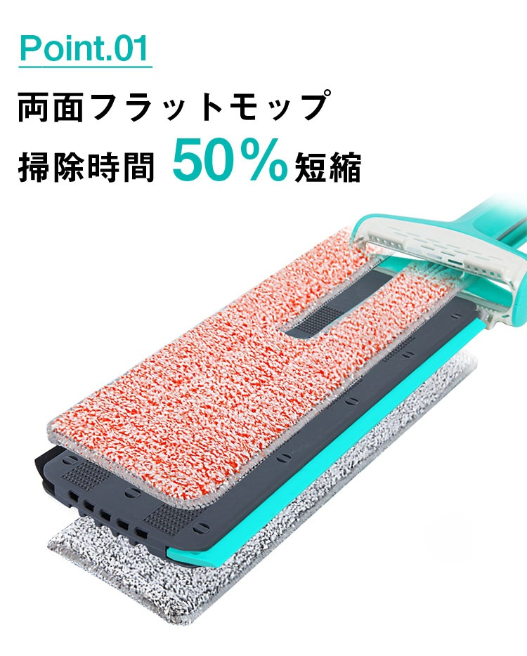 フラットモップ 期間限定2点目から2000円 モップ絞り器付き 乾湿両用可 バケツ要らず 手洗い不要　モップ絞り器付き 自立タイプ