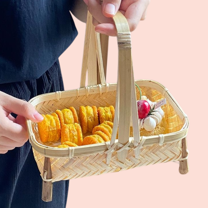 田園風手工竹編方形茶點水果乾零食收納籃