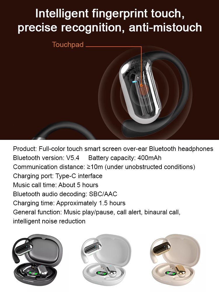 Full-color touch smart screen over-ear Bluetooth headphones