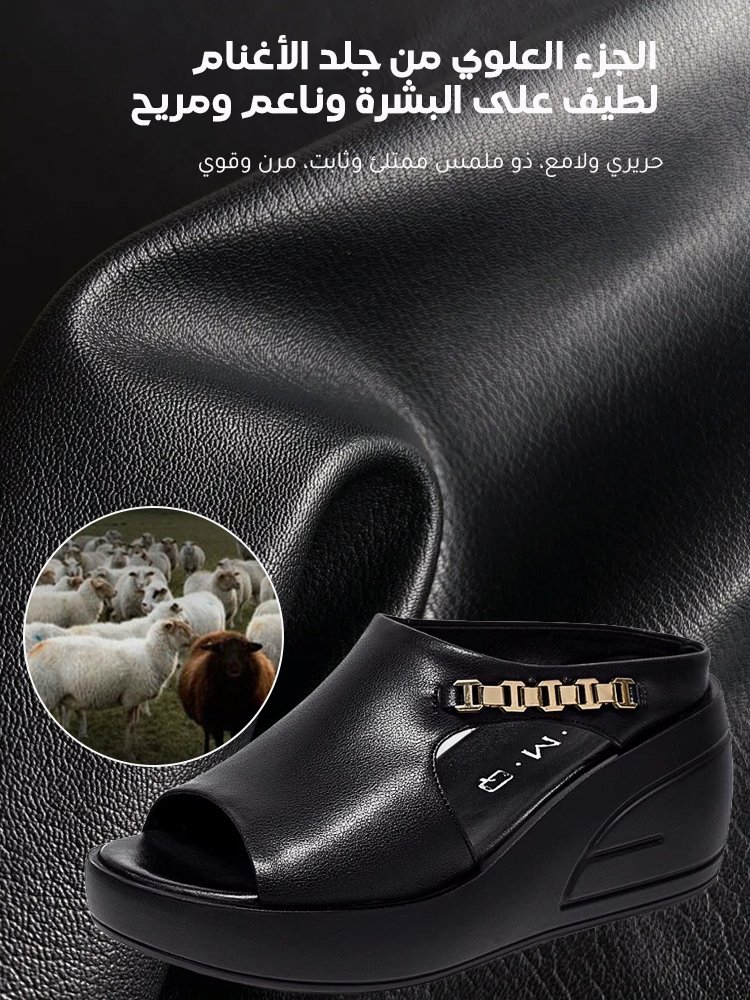 صندل نسائي بكعب سميك 8 سم مصنوع من الجلد الطبيعي مع سلسلة معدنية