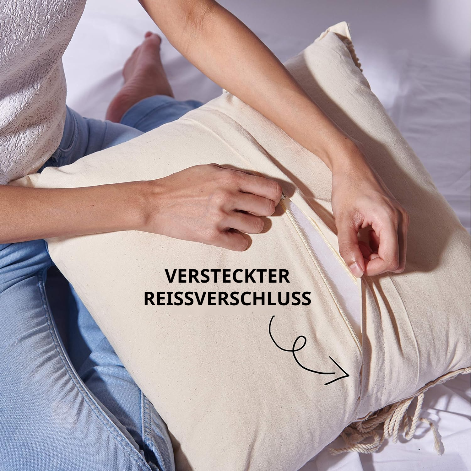 Sofakissenbezug, Kissenbezug, Baumwollfaden, Baumwollseil, handgewebt, Quasten-Stil, Bohemian-Stil