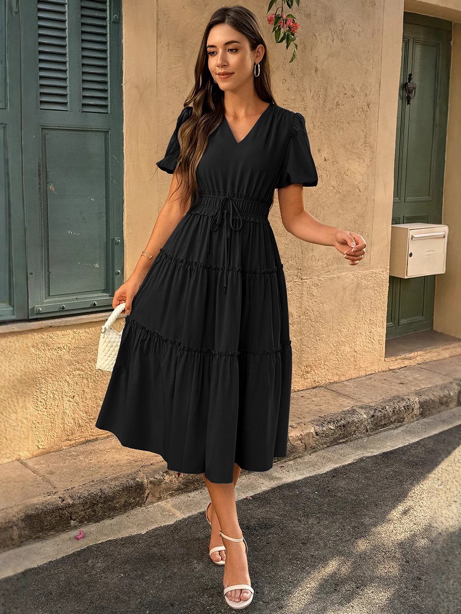 Šaty s krátkým rukávem a potiskem, výstřihem do V