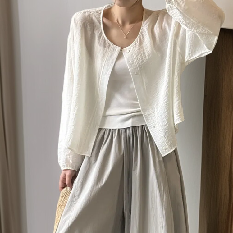 긴팔 벌룬소매 선블라우스 부드러운 카디건 블라우스 시스루 여름 얇은 텐셀 라운드 블라우스