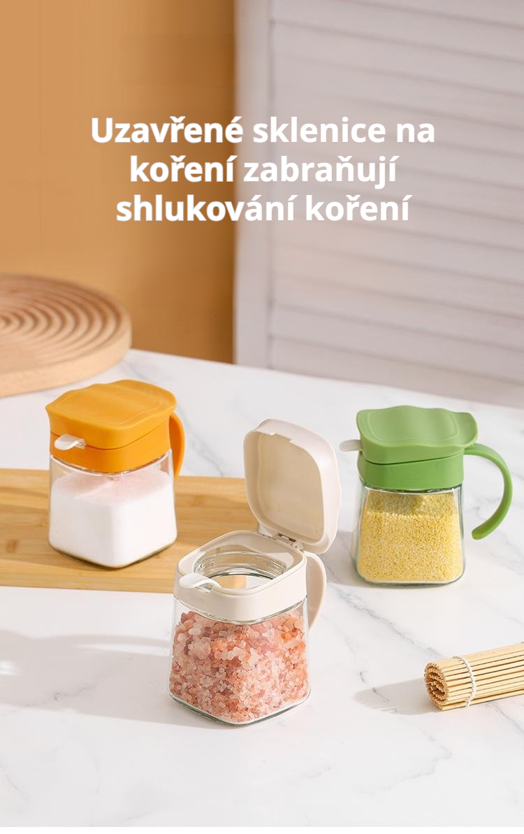 Skleněná sada kořenek s boxem na koření a sůl