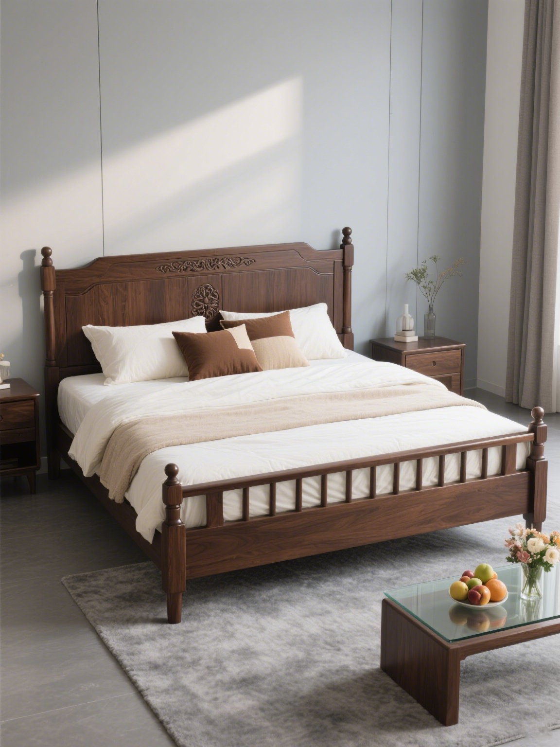 北欧風のシンプルな無垢材ダブルベッド 1.8メートルの大型ベッド