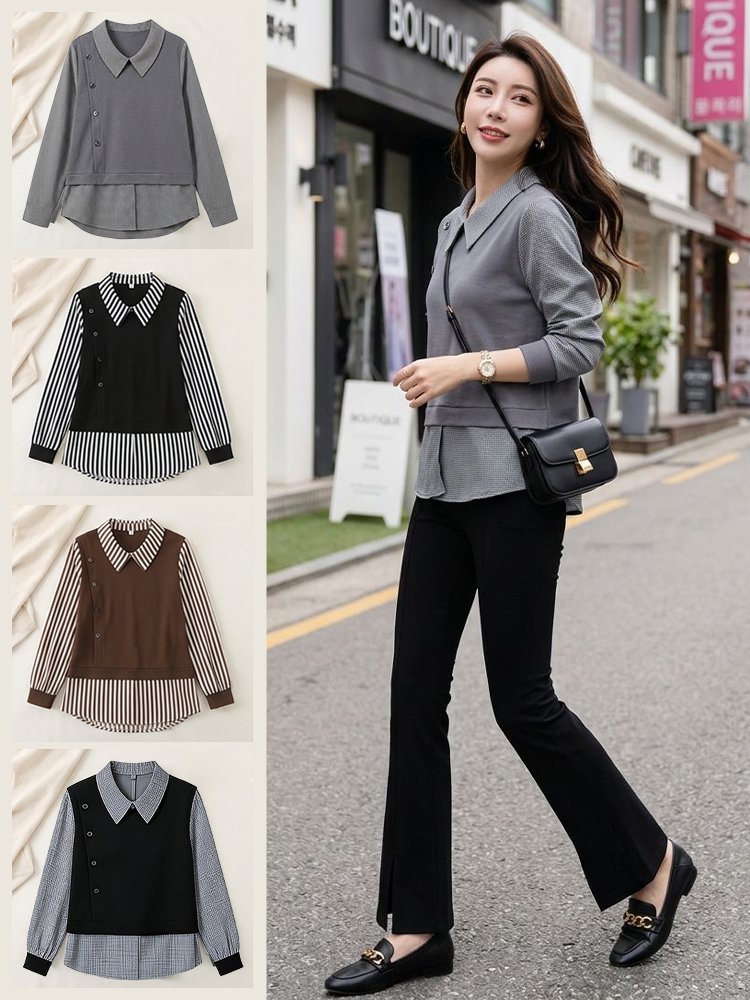 슬림핏 세련 페이크 레이어드 상의