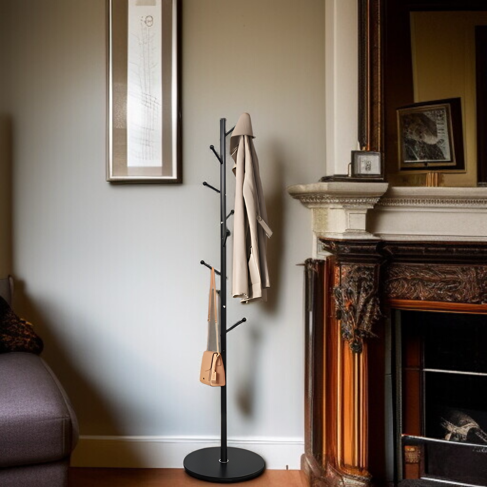モダンシンプルなフロアスタンドバッグラック　フレンチスタイルアイロン掛け可能　ベース付き衣帽スタンド