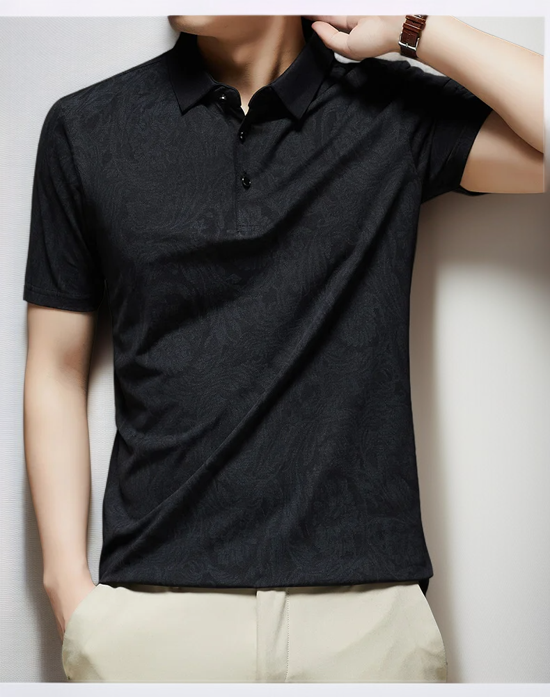 여름 비즈니스 캐주얼 남성 반팔 배기 얇은 티셔츠 프린트 터틀넥 아빠 상의