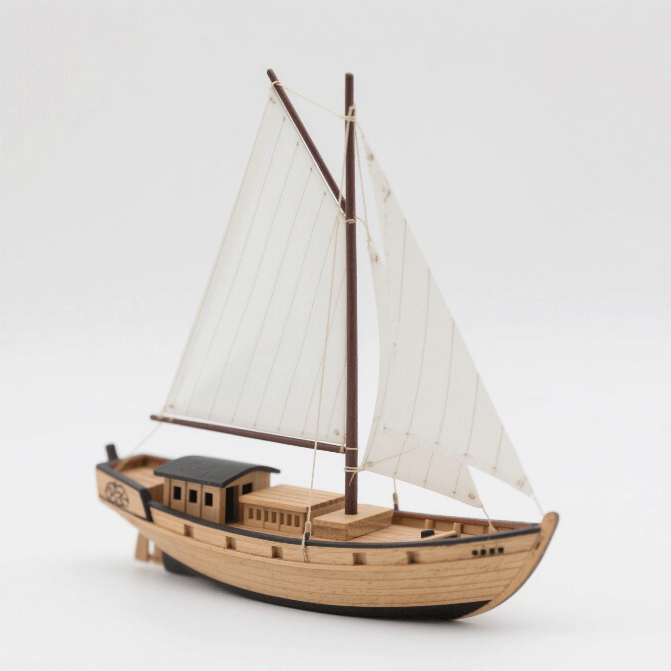 Kézzel készített fa vitorlás hajó makett részletei