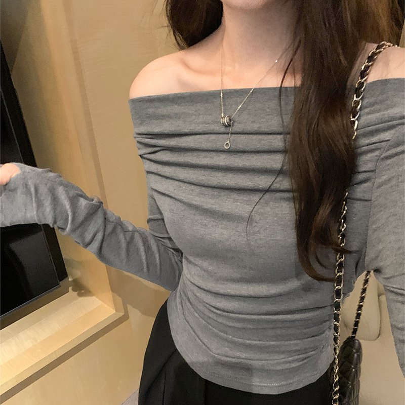 허리 조이는 쇼트 상의 셔링 섹시 쇼트 상의 긴팔 티셔츠 여 슬림핏 허리 조이는 봄옷