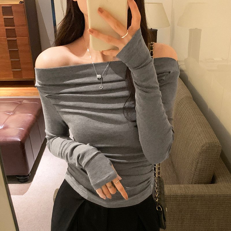허리 조이는 쇼트 상의 셔링 섹시 쇼트 상의 긴팔 티셔츠 여 슬림핏 허리 조이는 봄옷