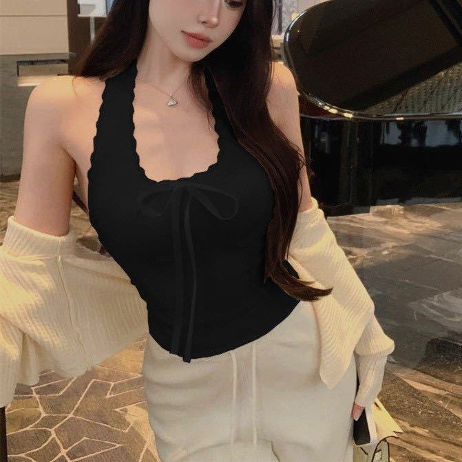 Pure Desire rückenfreies Neckholder-Camisole mit Spitzenspleiß, französische Schleife, schönes kurze