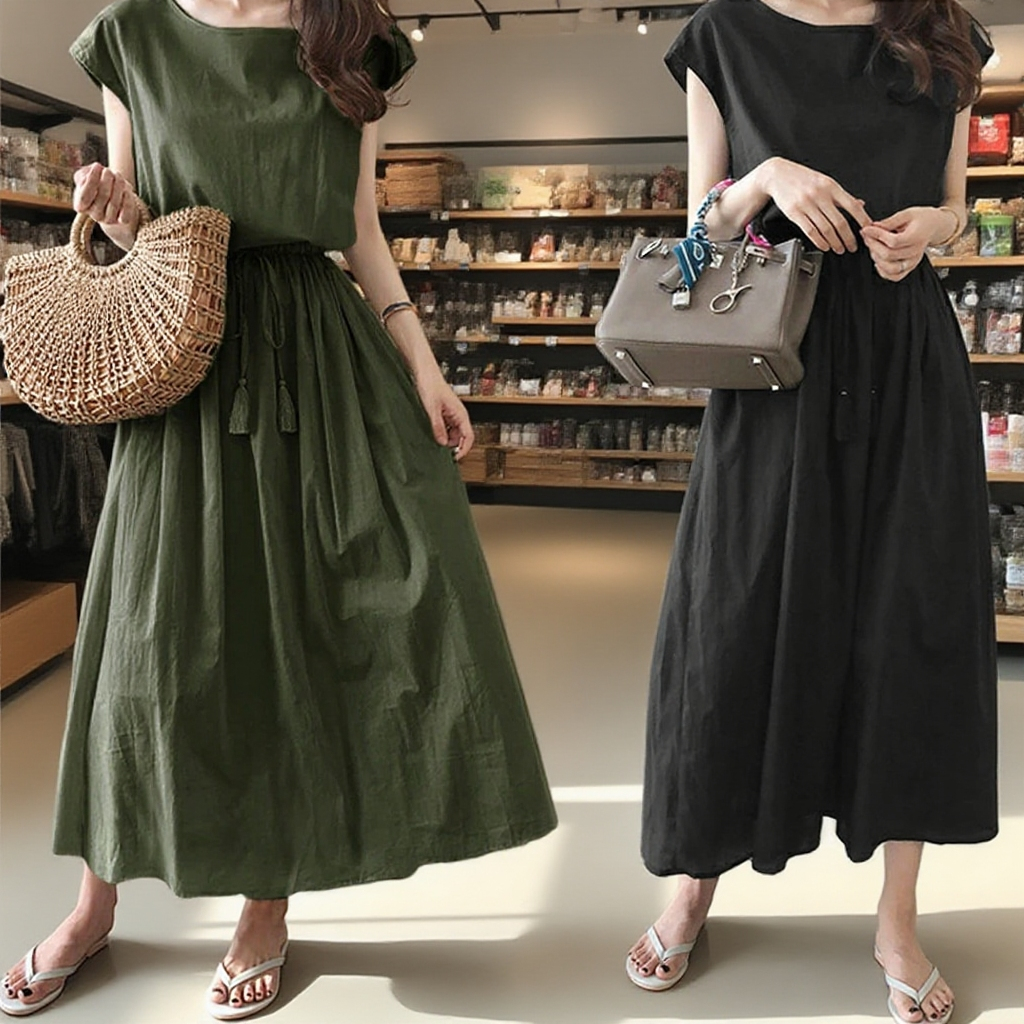 【綿麻ワンピース】通気、可愛い、体型カバー、エレガント、毛玉防止