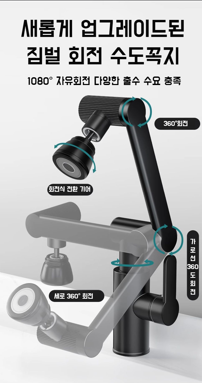 로봇팔 디자인의 유니버셜 수도꼭지 근접 촬영