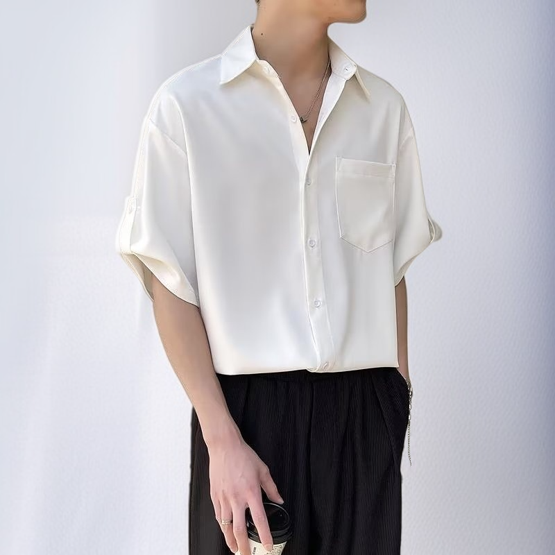 ビジネスダークグリーンメンズ半袖シャツノンアイロンルーズシャツドレープ半袖シャツ