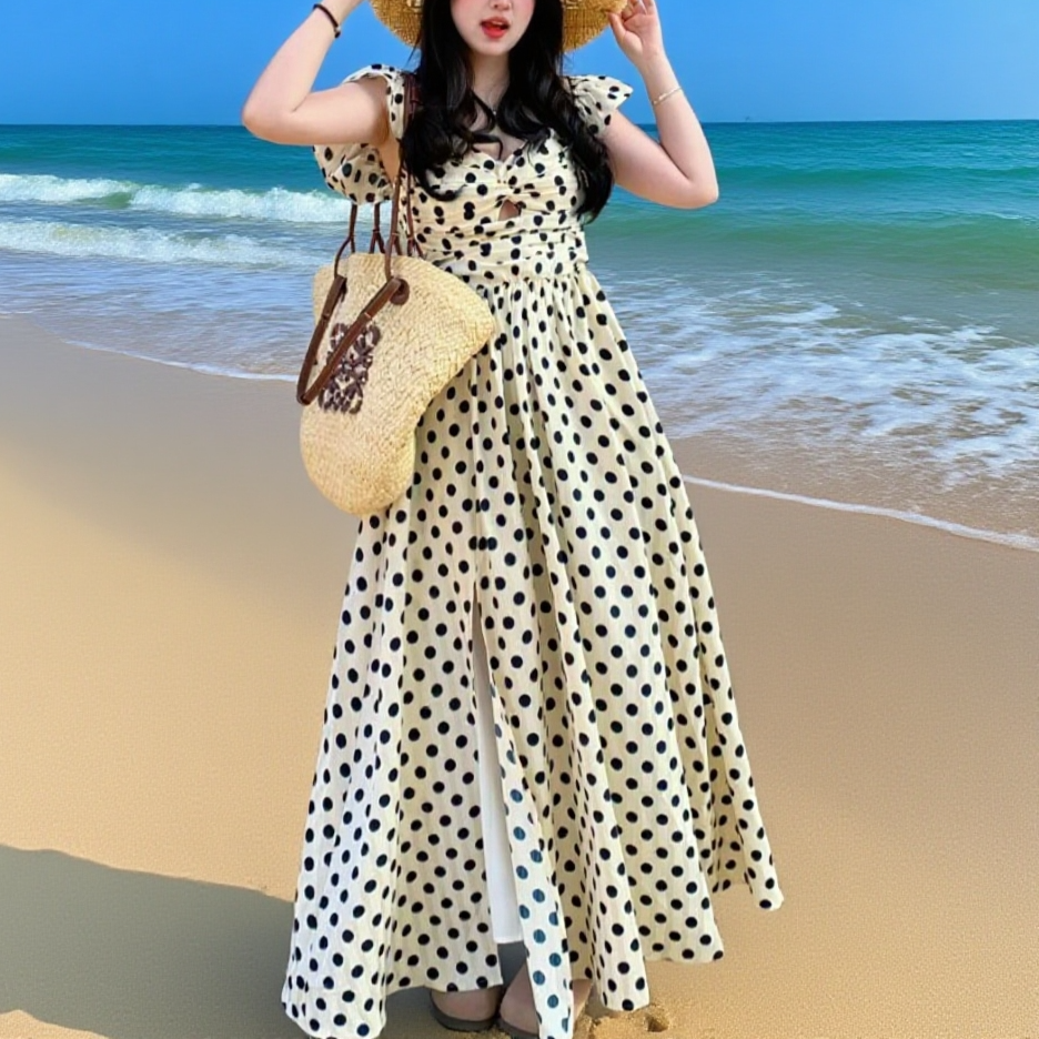 여름 도트 패턴 빅사이즈 슬림핏 롱 원피스