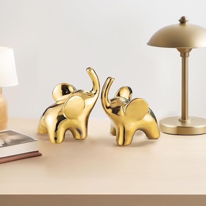4.9인치(약 12.4cm) 높이의 세라믹 코끼리 인형 한 쌍, 금 장식, 가정 장식 거실, 선반 장식, 책장 장식, 데스크탑 장식, 사무실 장식, 반지 스탠드, 코끼리 장식