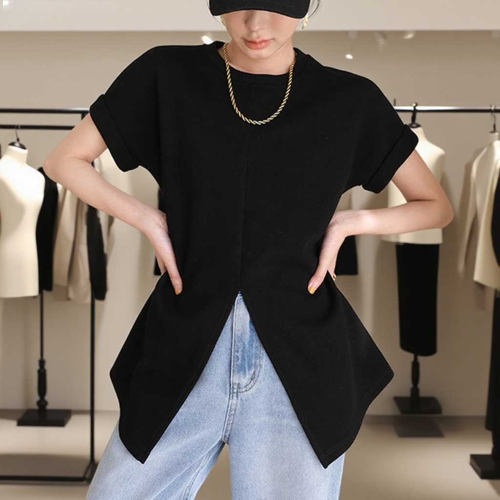 디자인 센스 단색 슬릿 쇼트 여성 상의