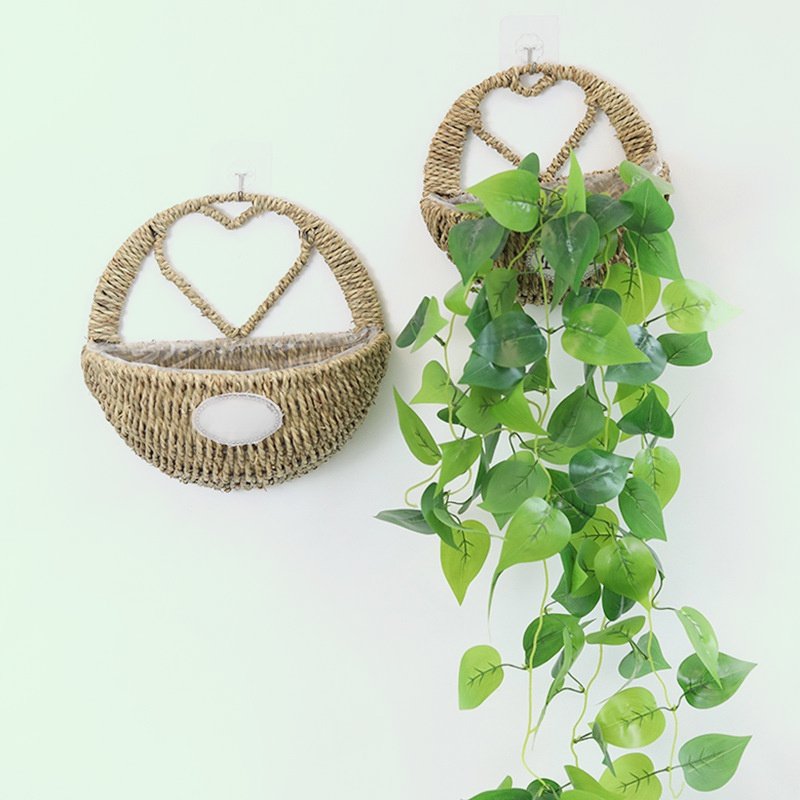 Unobtrusive Greenery Hanging Basin Natural Grass Rope Waterproof lining Hanging Flower Basket handwo
