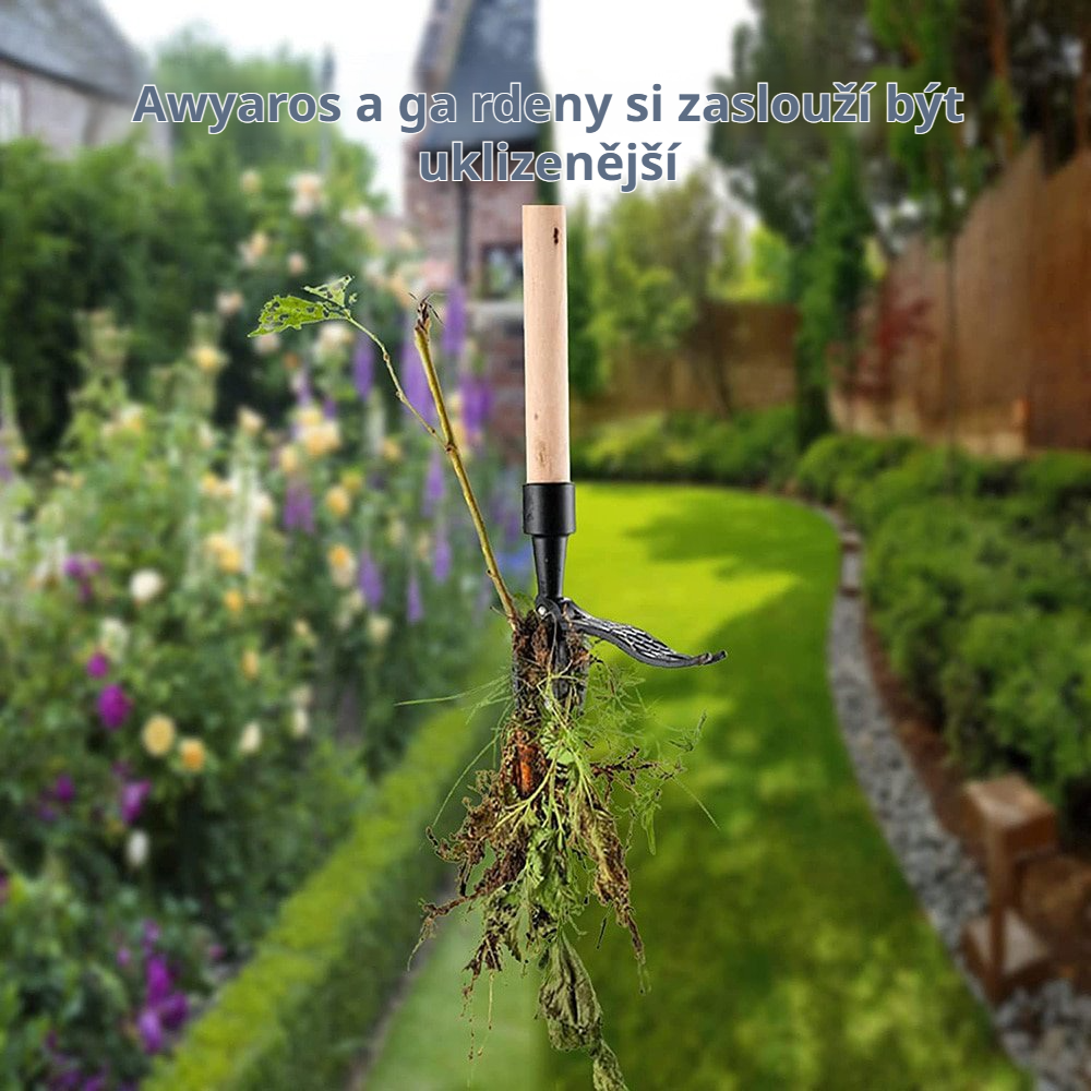 Zahradní vytrhávač plevele s dlouhou rukojetí při práci na zahradě