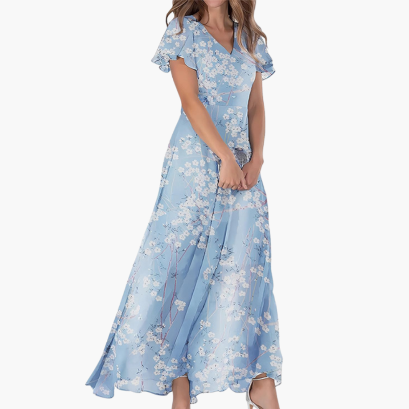 러플 슬리브 V넥 드레스