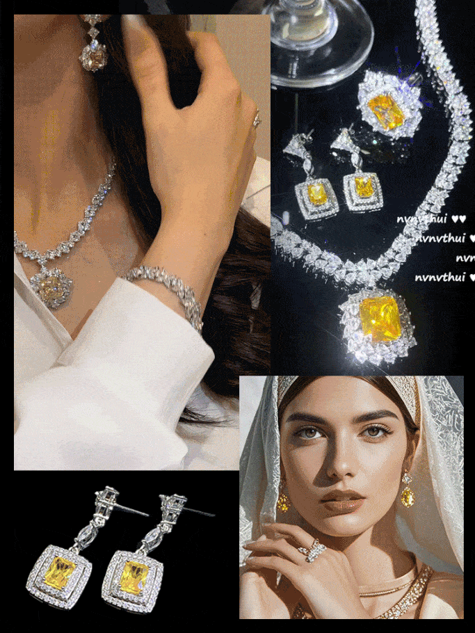 [قلادة الماس الأصفر من Asscher] مجموعة بتصميم مجوهرات راقية من 3 قطع 