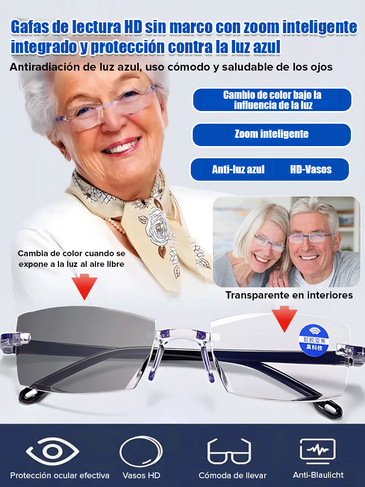 Gafas progresivas inteligentes sin marco con corte de diamante y protección contra luz azul