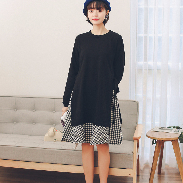 【2018チェック柄長袖ワンピース】綿 カジュアル　痩せ見え　高く見え　快適