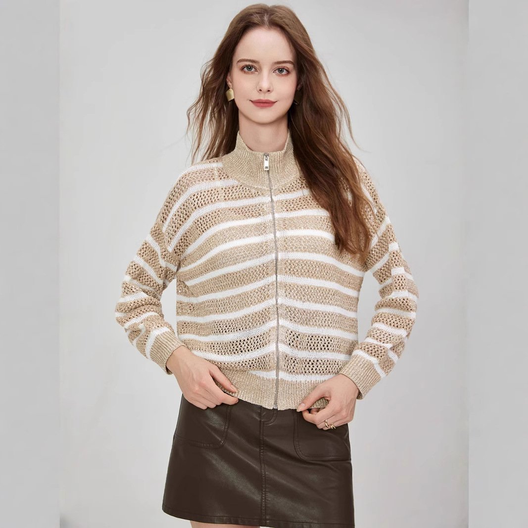 스트라이프 배색 스탠드 칼라 긴팔 지퍼 오픈 니트 재킷