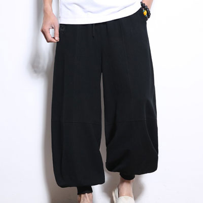 サルエルパンツ ワイドパンツ メンズ リネン 刺繍入り ゆったり 無地 体型カバー カジュアル