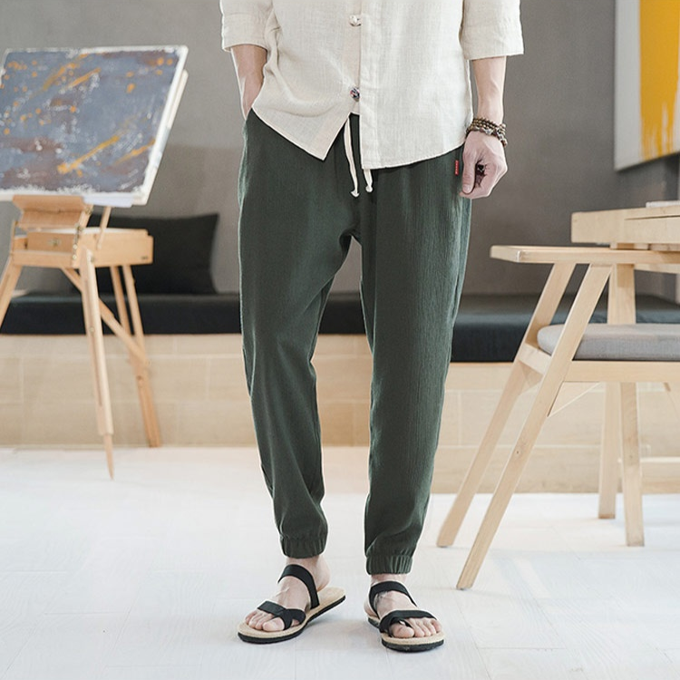 【メンズ綿麻パンツ】シンプル　清涼感たっぷり　コットン　リネン　裾リブ
