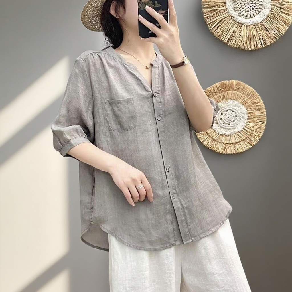 모시 여름 신상 브이넥 반팔 셔츠 문예 기품 단색 셔츠 코디 상의 여