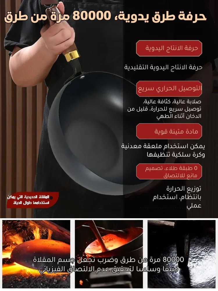 مقلاة عميقة صحية مانعة للالتصاق بدون الطلاء (حديد نقي، توفير عنصر الحديد للجسم )