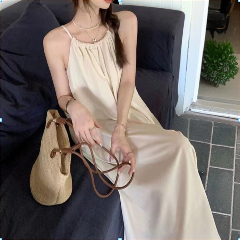 夏の新しいフランスの優しいスタイルのホルターネックのドレスは、肉を薄くニッチな怠惰なスタイルのロングスカートをカバーします
