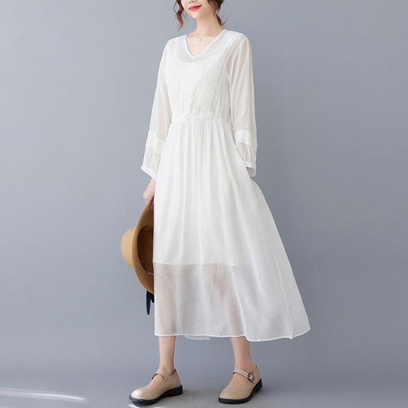 편하고 모던 심플 7부 문예풍 스트랩 원피스 롱 브이넥