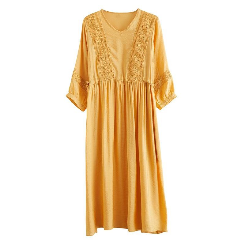 편하고 모던 심플 7부 문예풍 스트랩 원피스 롱 브이넥