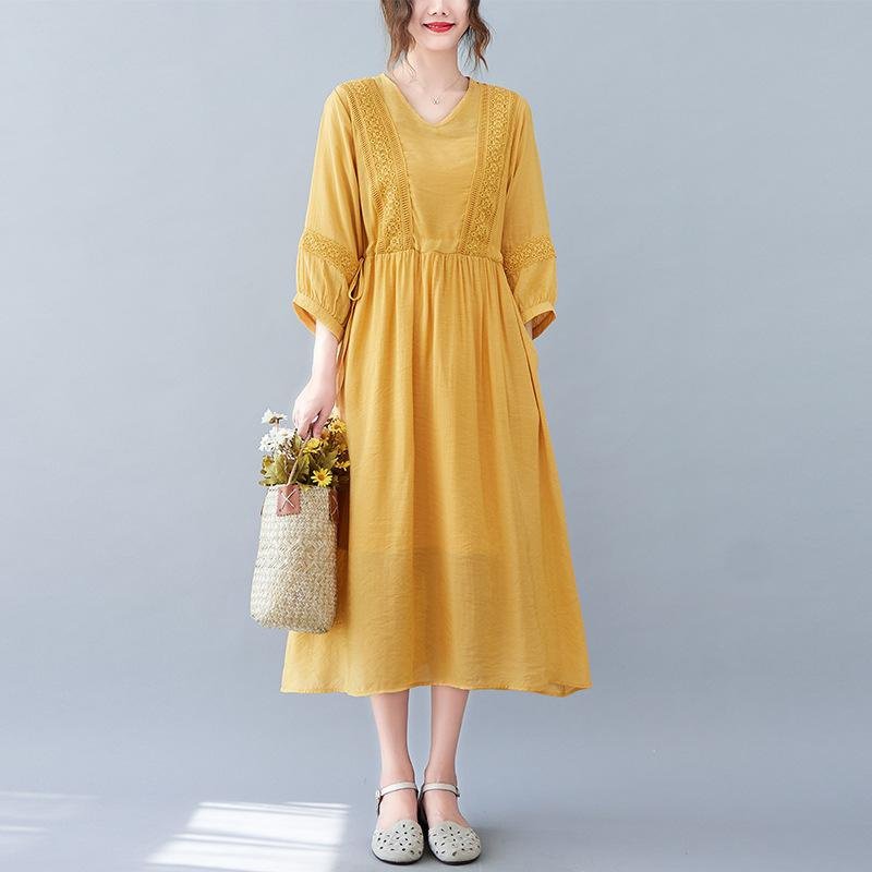 편하고 모던 심플 7부 문예풍 스트랩 원피스 롱 브이넥