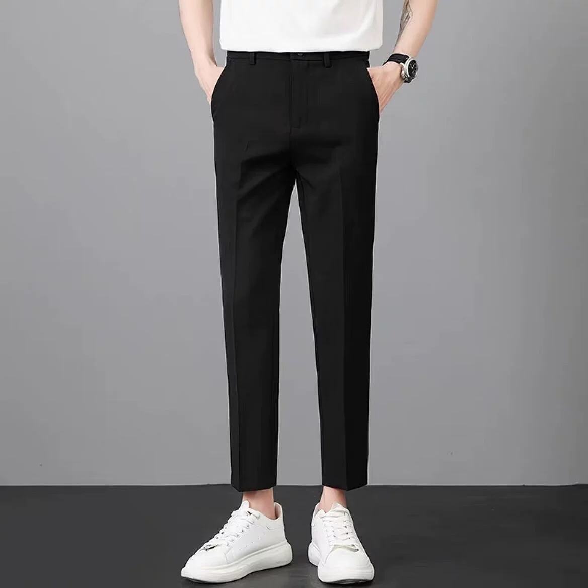 Bezpłatne prasowanie Biznes Spodnie wypoczynkowe Premium Pionowe Czarne Nine-point małe spodnie