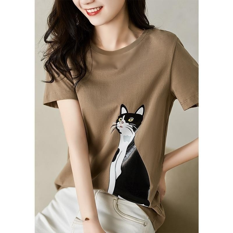 여성 라운드 넥 프린트 반팔 셔츠