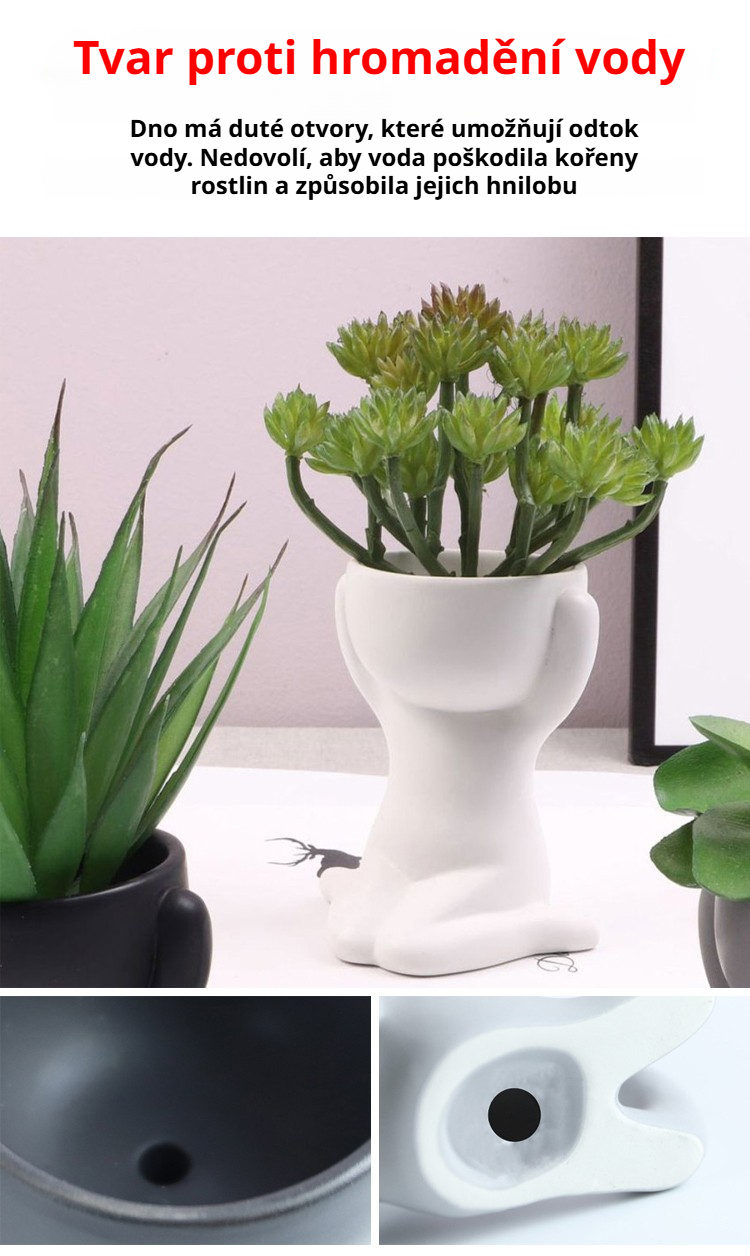 Detailní pohled na keramickou postavu s květináčem